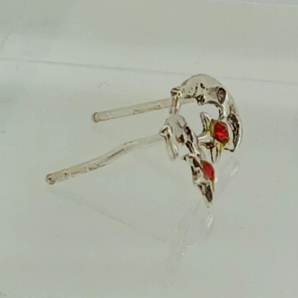 925 Sterling Silver Crescent Moon and Star Red Crystal‎ Stud Earrings Celestial